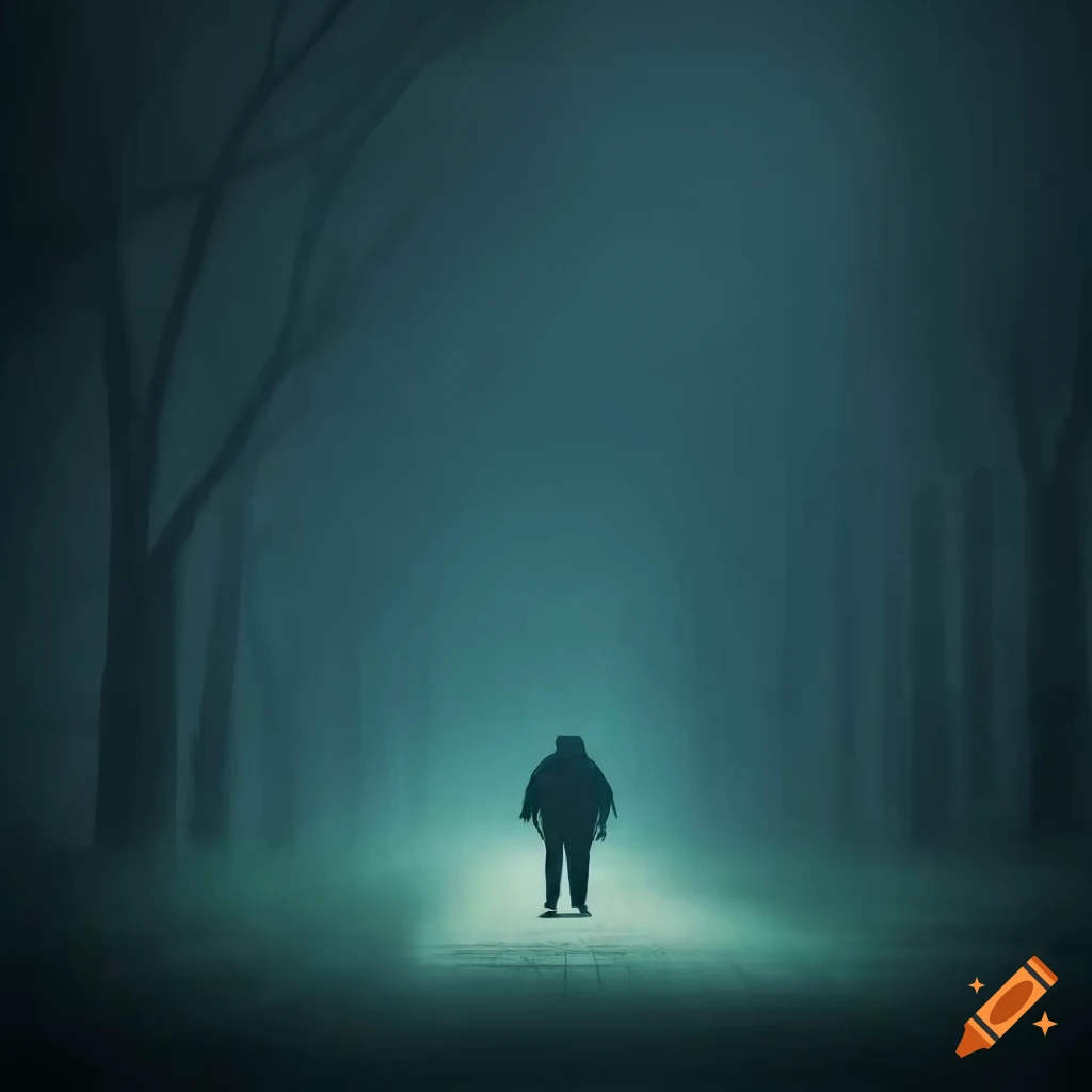 Gothic art of a man walking down a foggy road at dusk