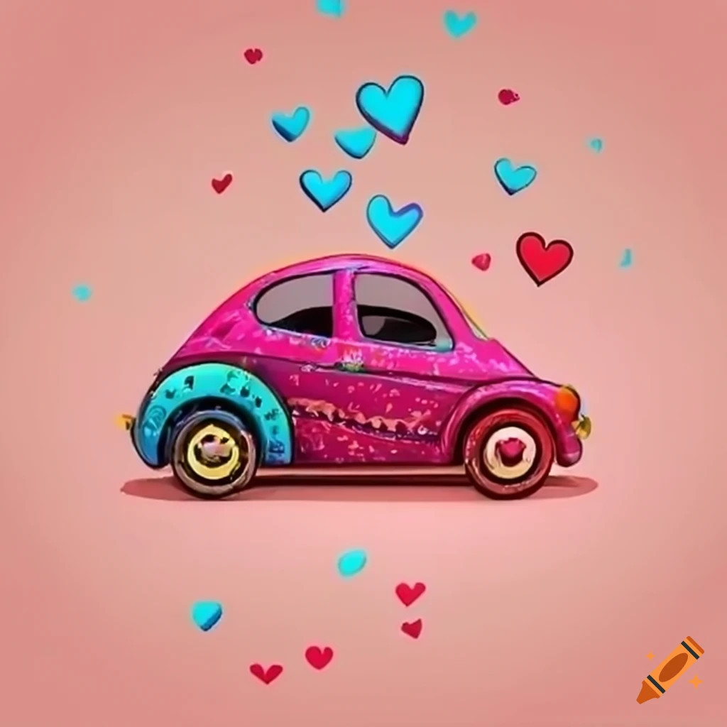Cute doodle car with hearts driving off