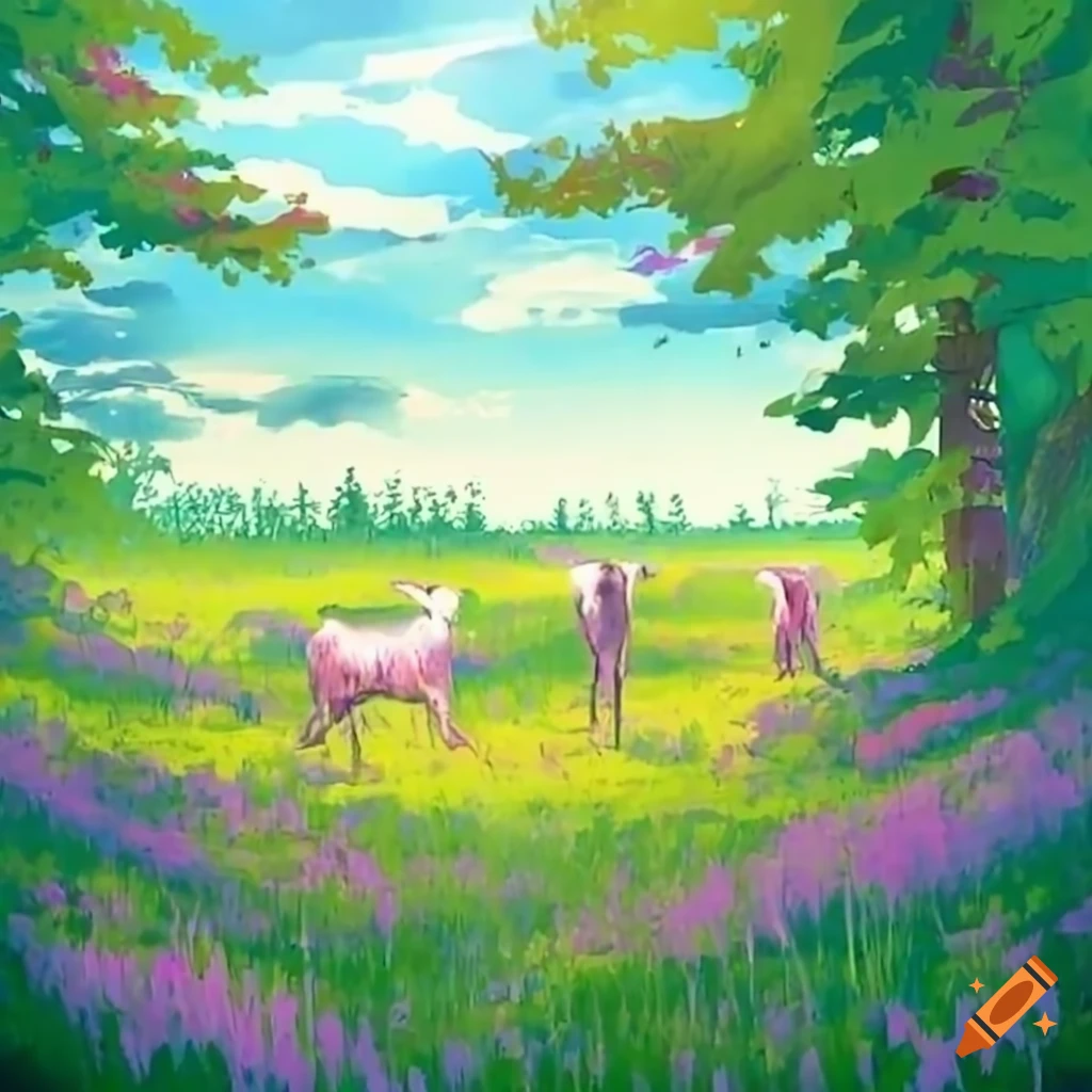 Goats grazing under an oak tree in a green meadow surrounded by forest