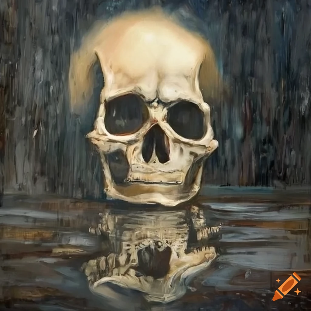 Skeleton gazing at its reflection in wet pavement in an oil painting