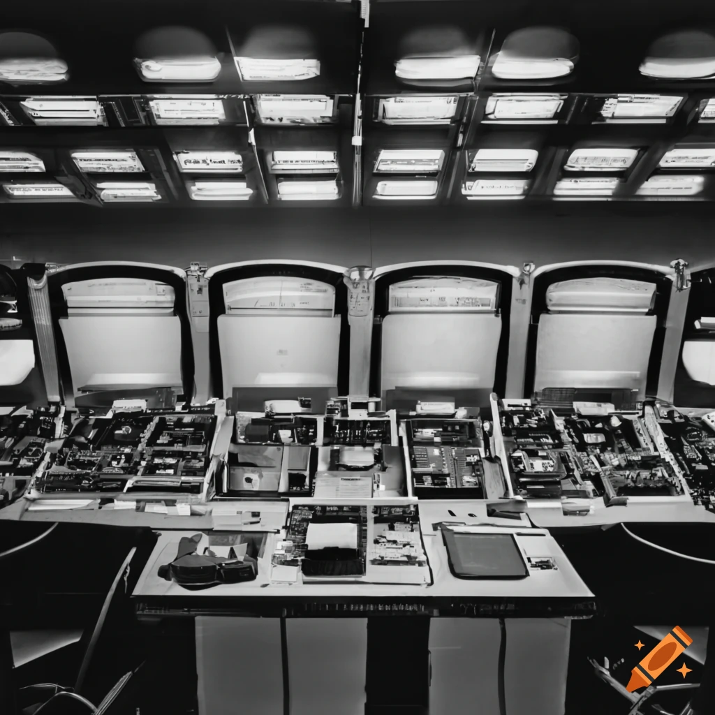 Cold war military control center with rows of computers in black and