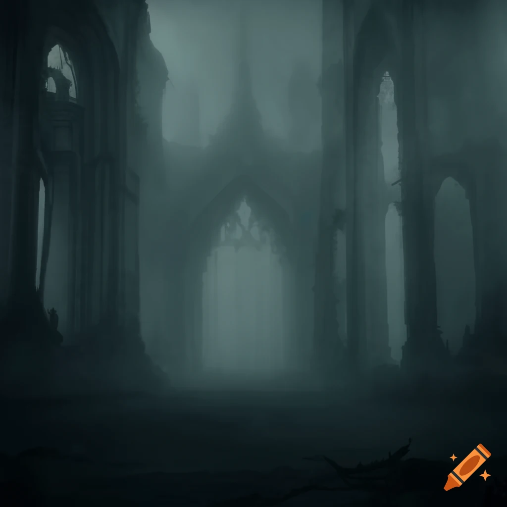 Foggy ominous gothic ruins on Craiyon