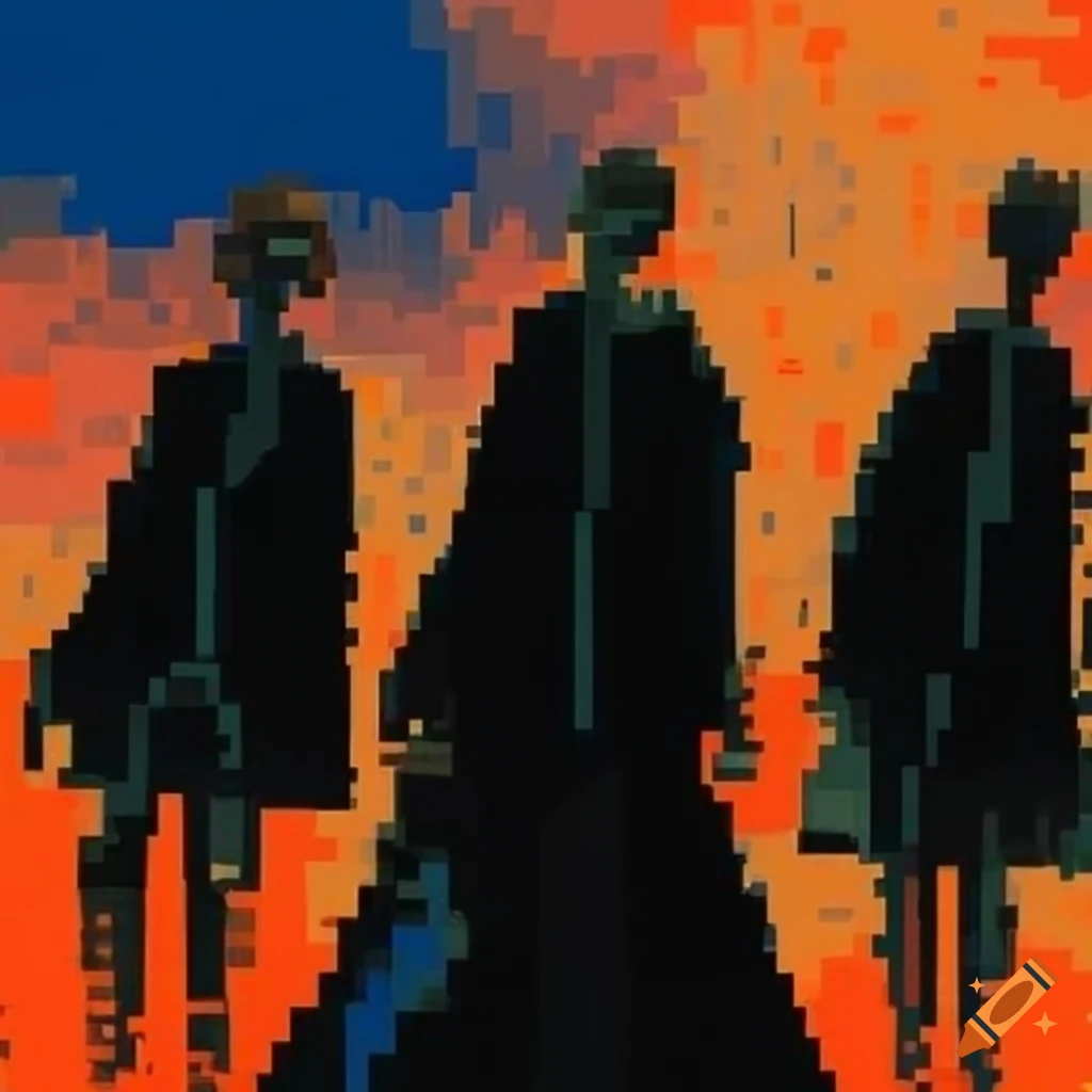 Pixelated silhouette surrealist painting of a group of three people in ...