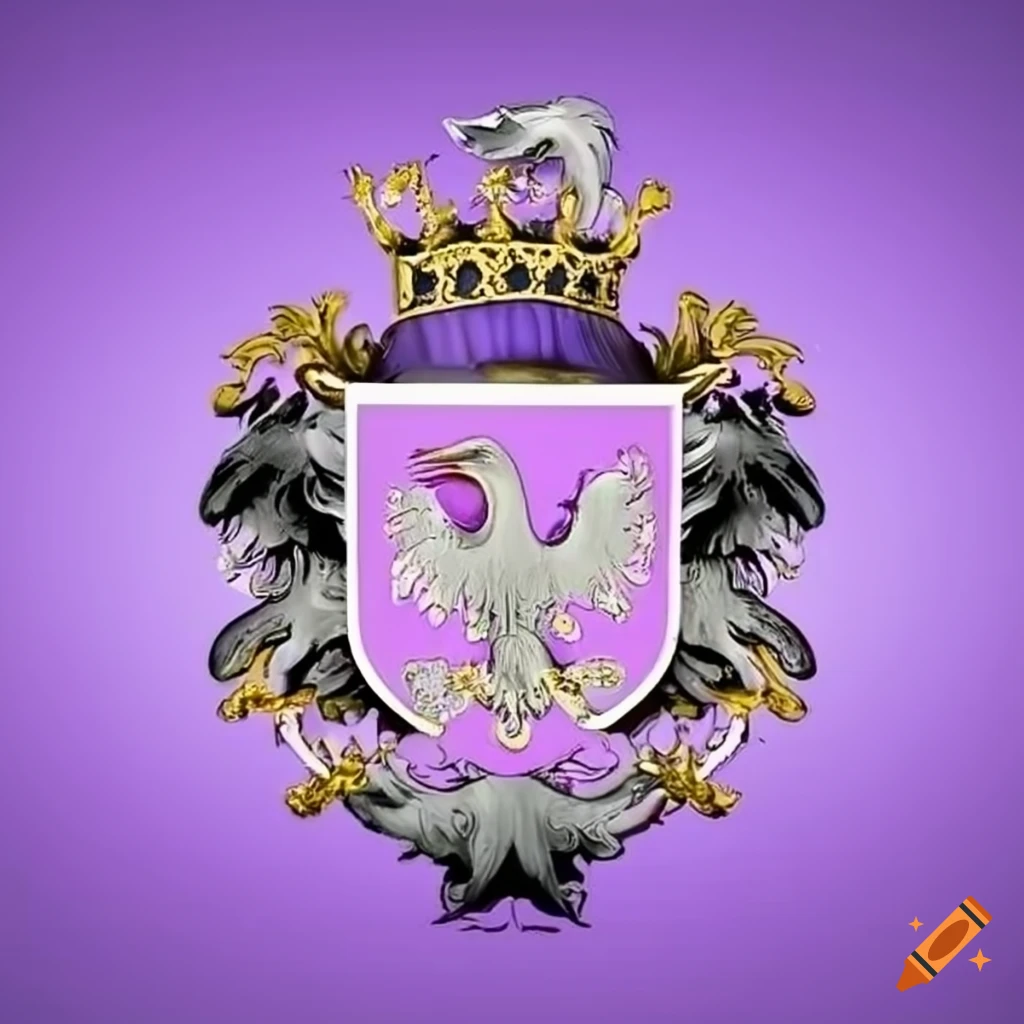 Lavender family crest with silver details and eagles