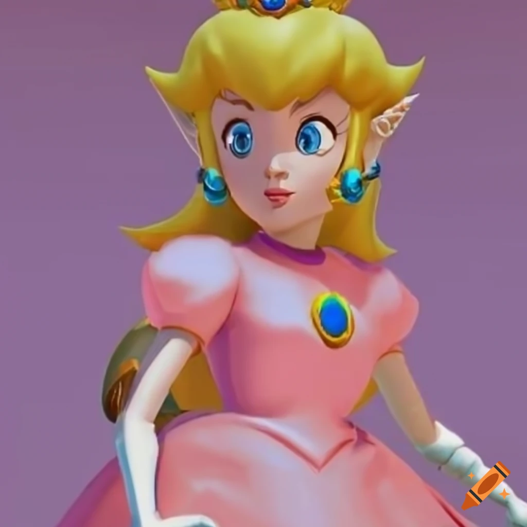 Princess Peach and Link posing together in pink silk ballgown