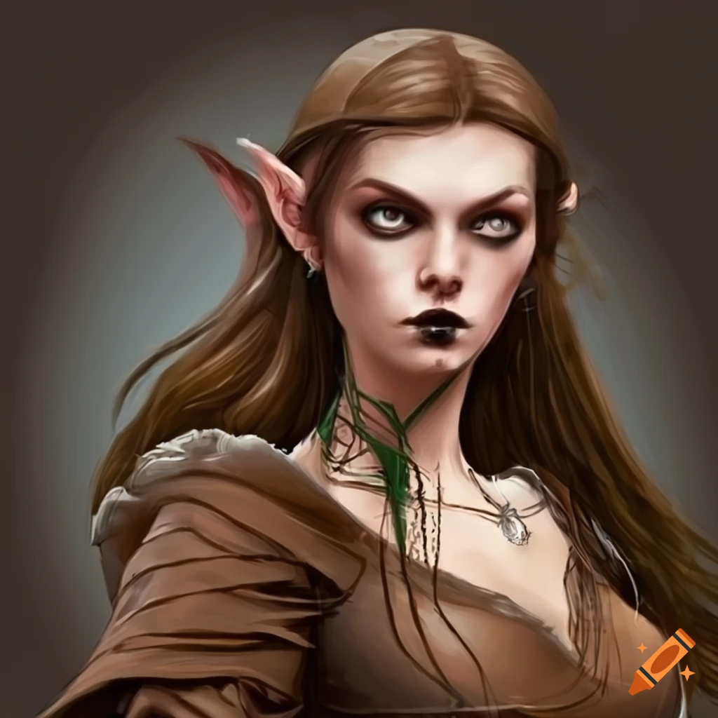 Brown-haired elven woman in a brown tunic on Craiyon