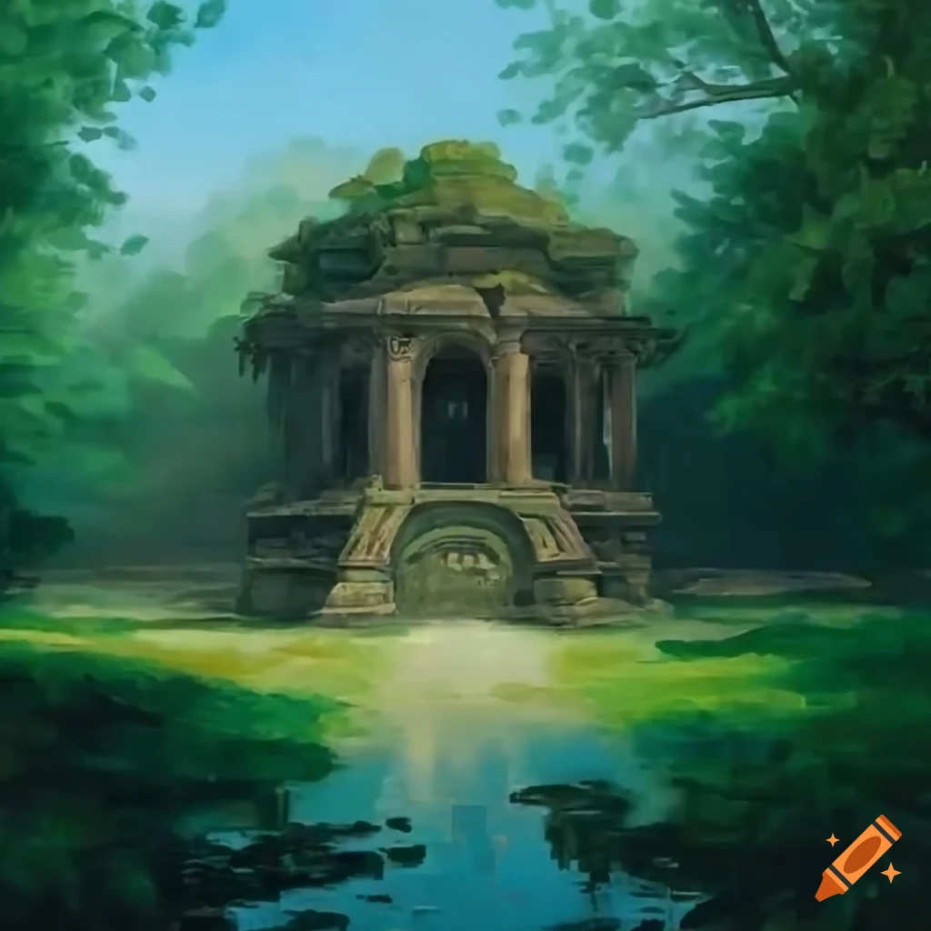 Serene glade with ancient temple ruins covered in ivy on Craiyon