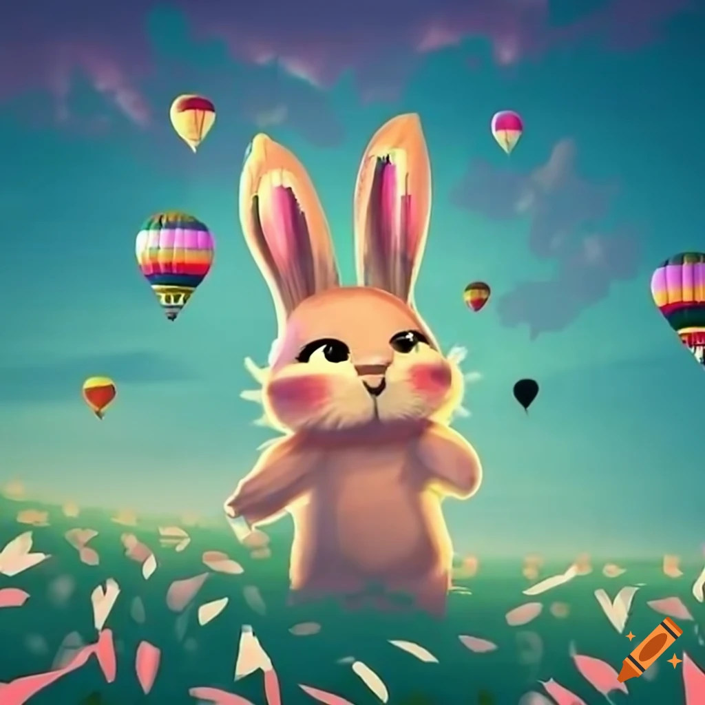 Spark the determined bunny looking at a hot air balloon in a vibrant sky with meadow animals below