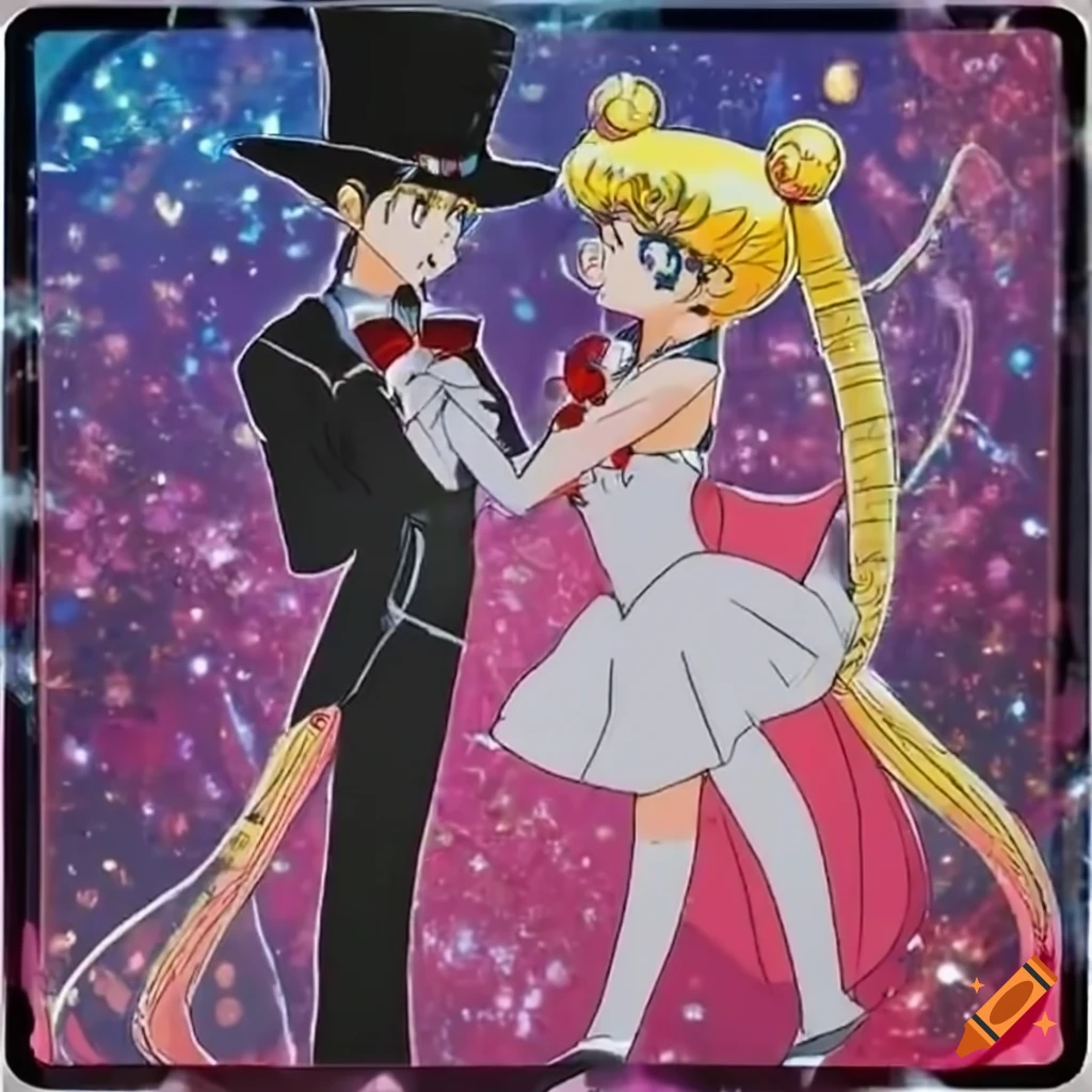 Sailor Moon and Tuxedo Mask dancing and kissing surrounded by sparkles ...