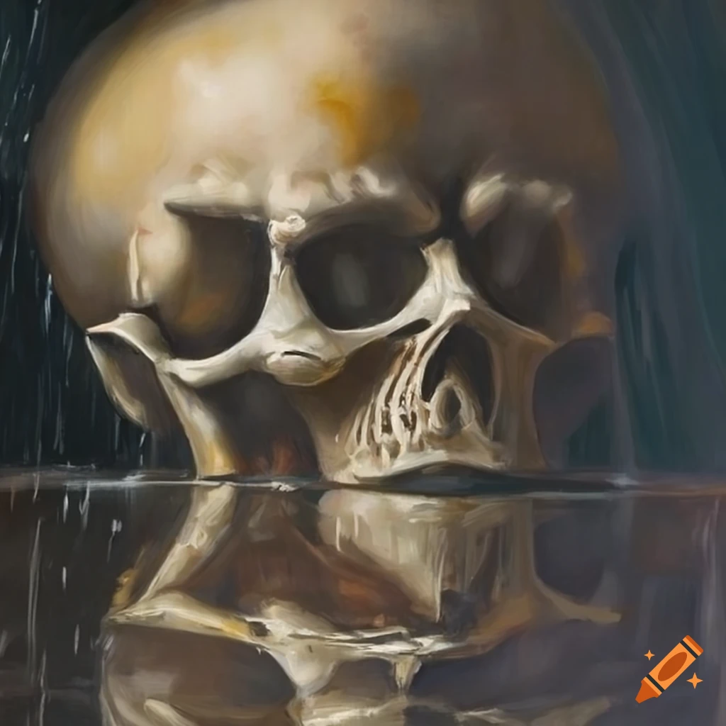 Skeleton gazing at its reflection in wet pavement in an oil painting