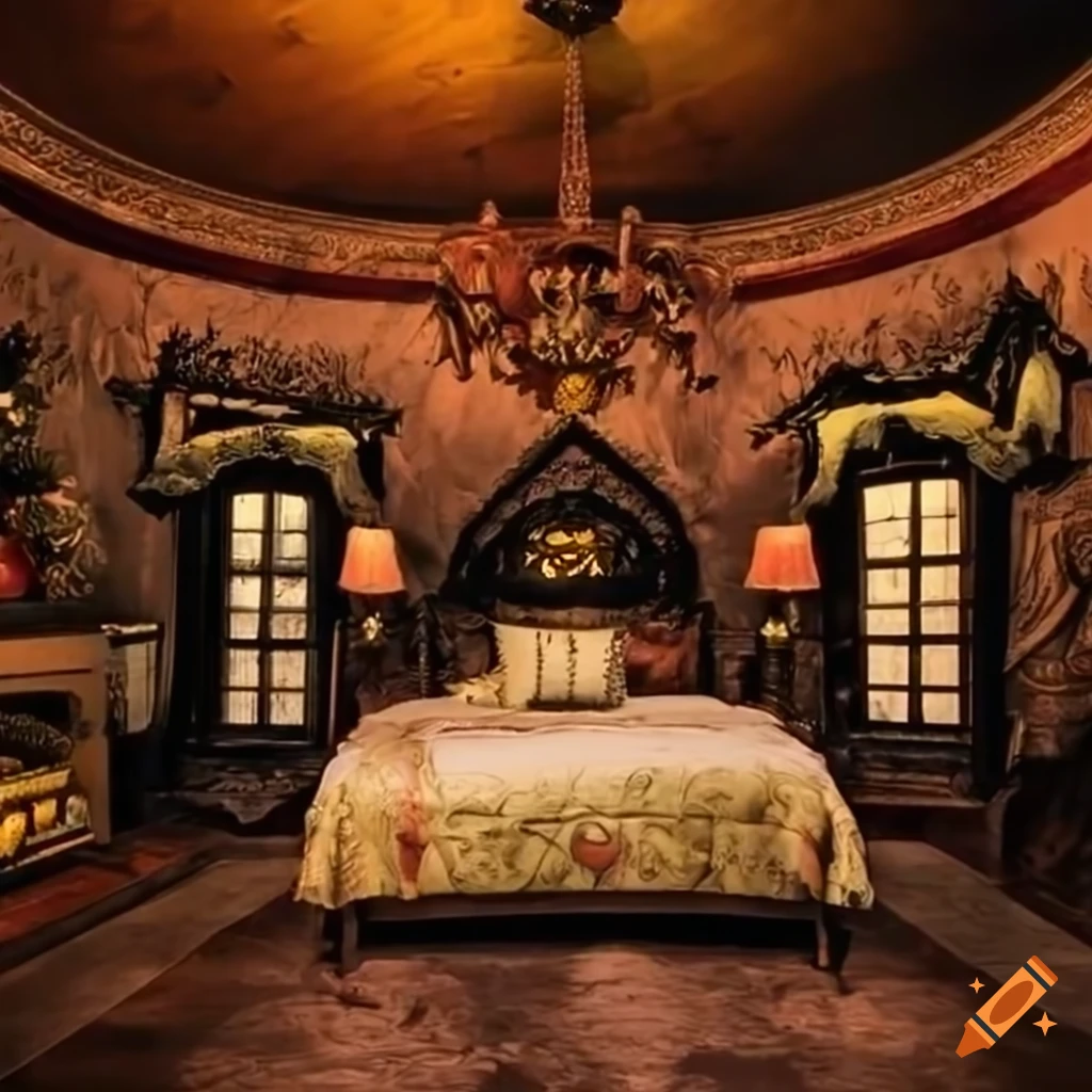 Grand bedroom with fireplace in a haunted house