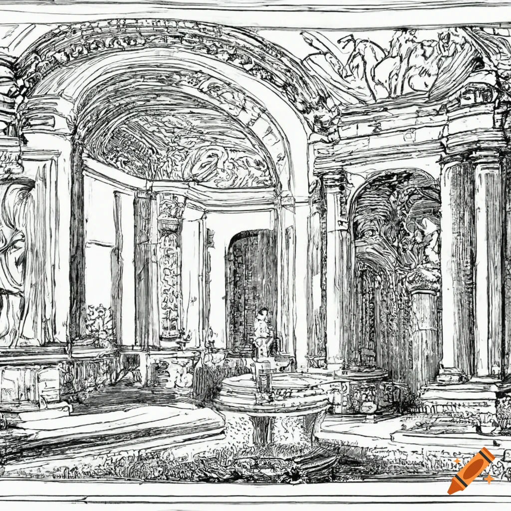 Detailed black and white ink drawing of a manor entrance hall with marble statues and a fountain