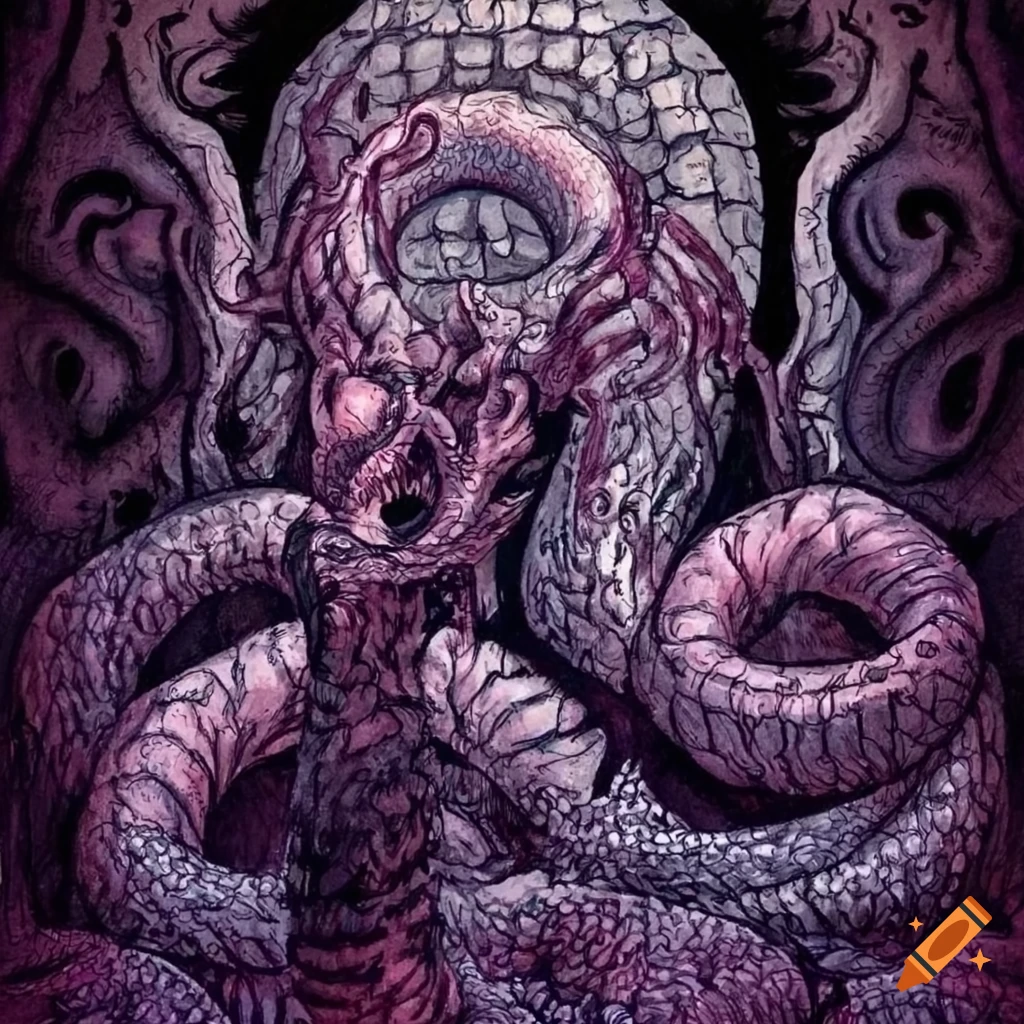 Illustration of hand feeding a fluffy Lovecraftian serpent