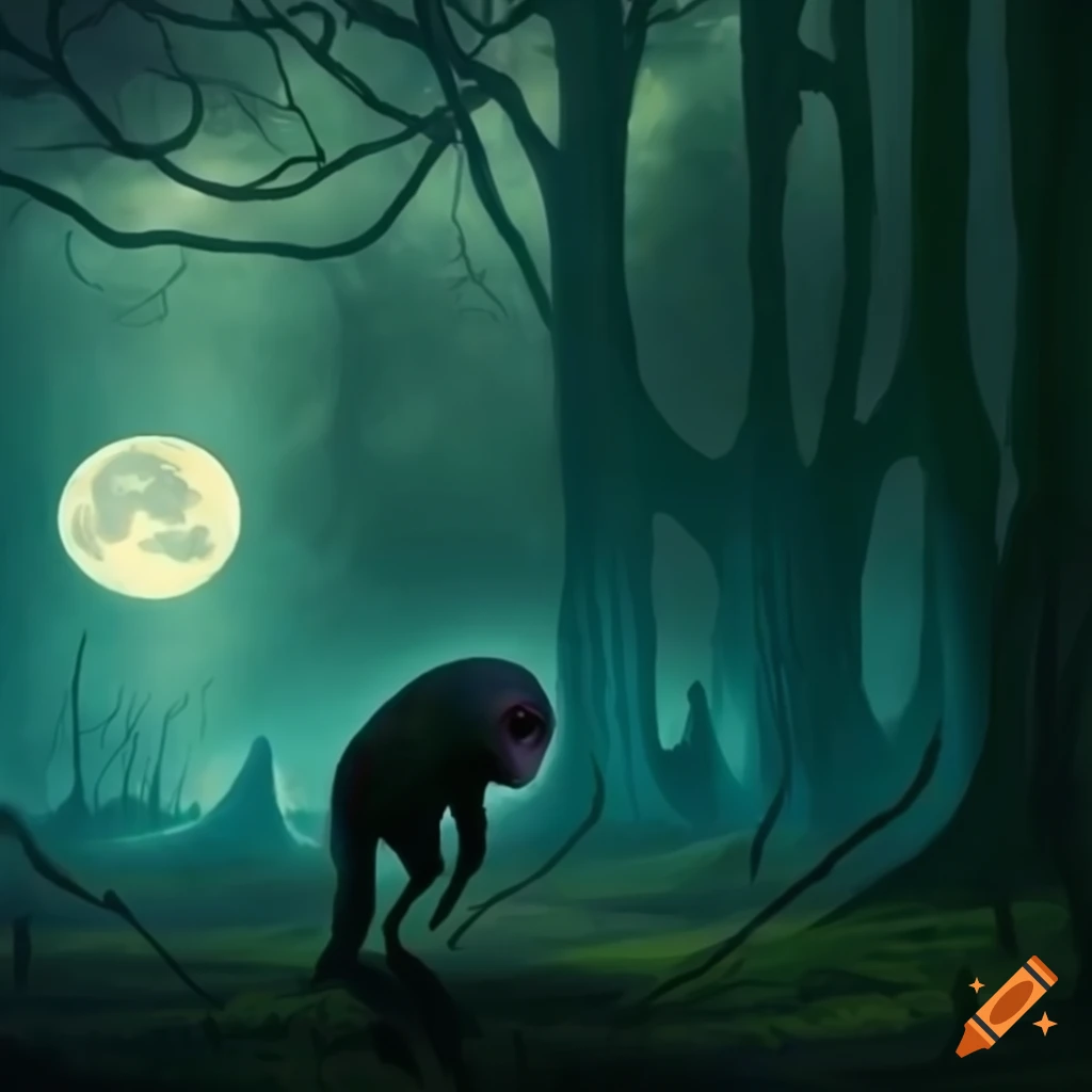 Alien running into a moonlit forest clearing
