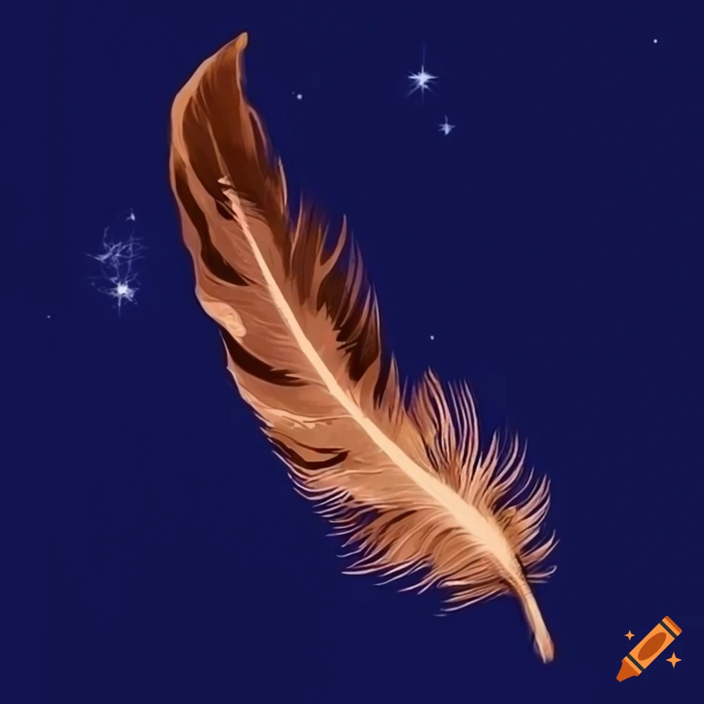 Curved brown feather against a midnight sky with stars