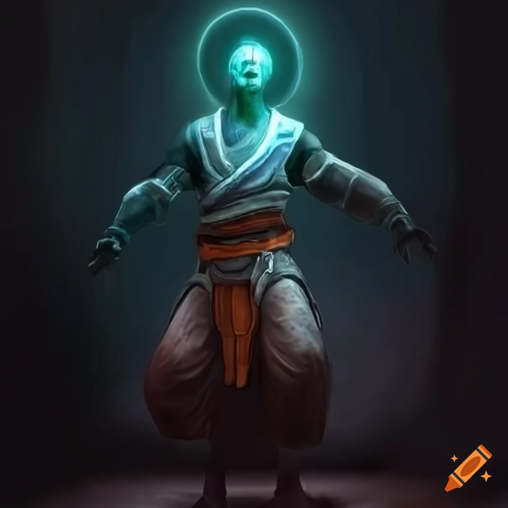 Sci-fi monk with glowing eyes and halo
