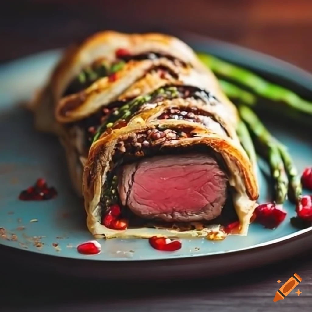Beef wellington with pomegranate sauce and asparagus