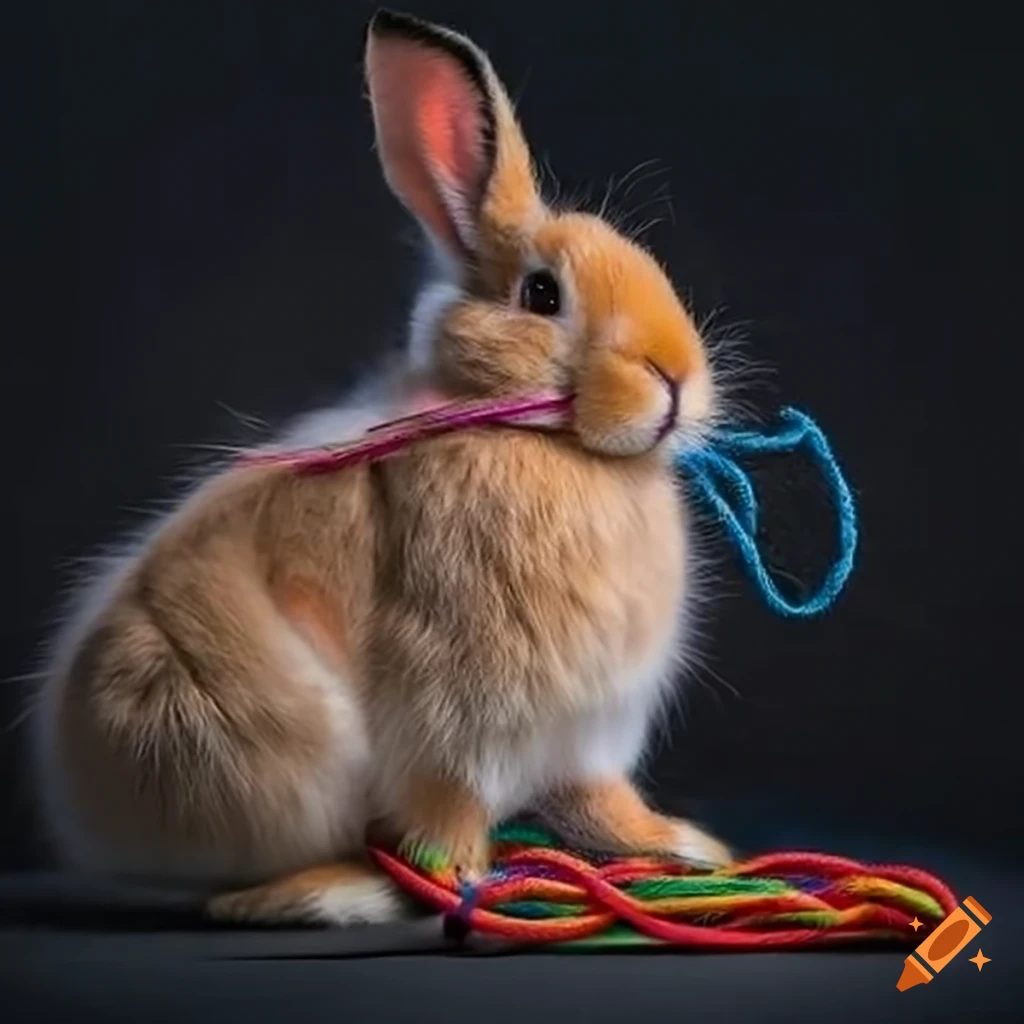 Fluffy bunny playing with colorful ropes