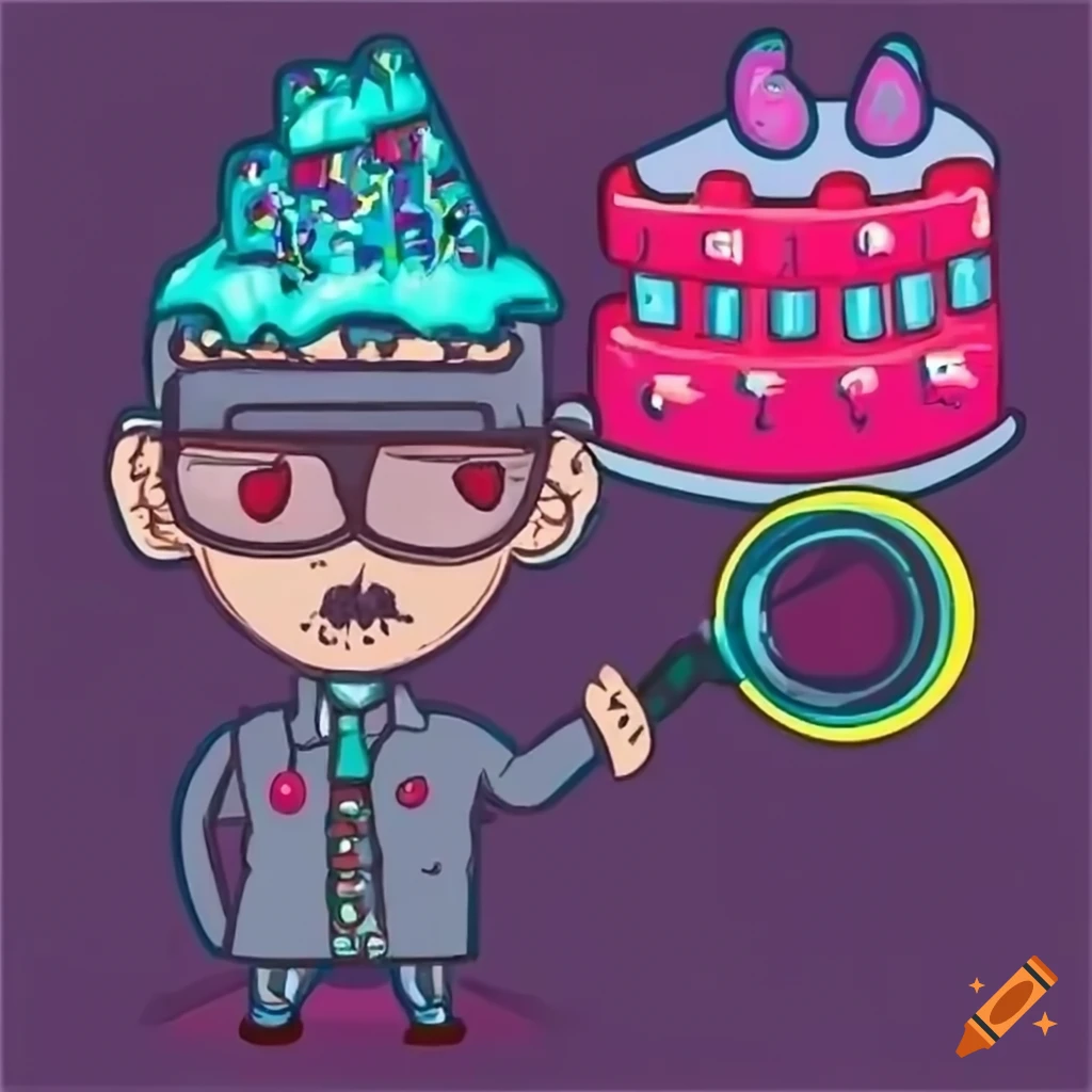 Cyberpunkstyle detective with cakeshaped head using magnifying glass