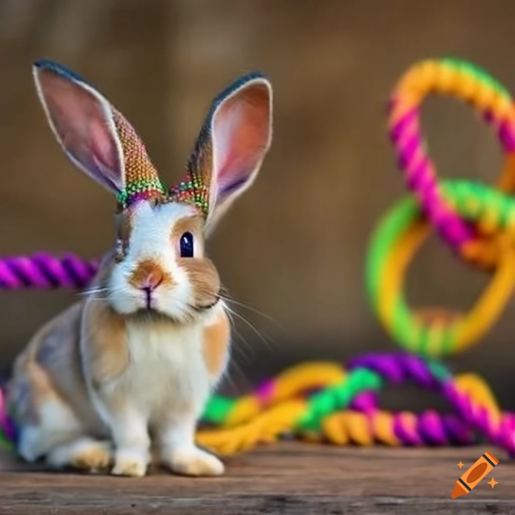 Adventurous bunny trying to escape colorful ropes on Craiyon