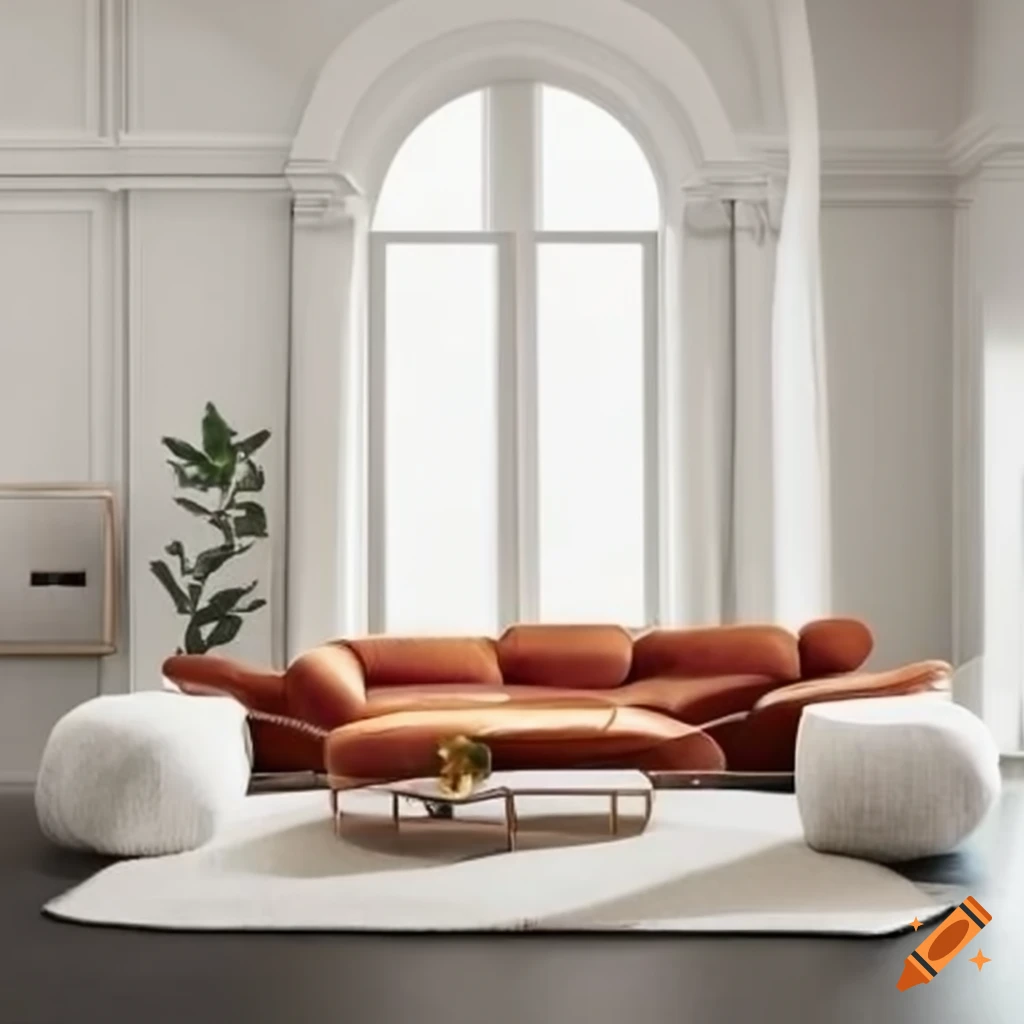 Styling a living room with an odd shaped sofa on Craiyon