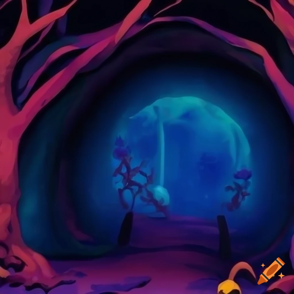 Colorful abstract forest with mushrooms and a portal in a Studio Ghibli themed night setting