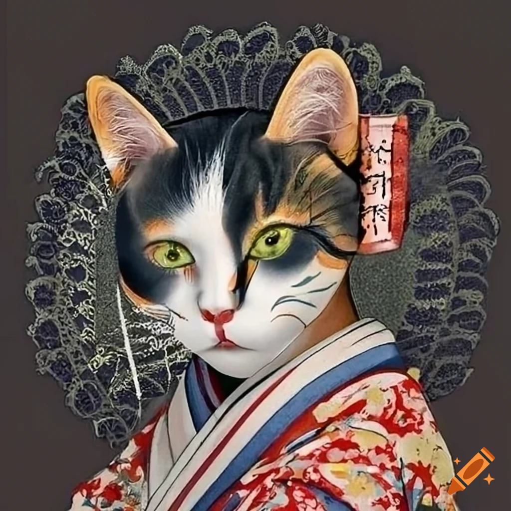 Calico cat with geisha makeup and japanese outfit on Craiyon