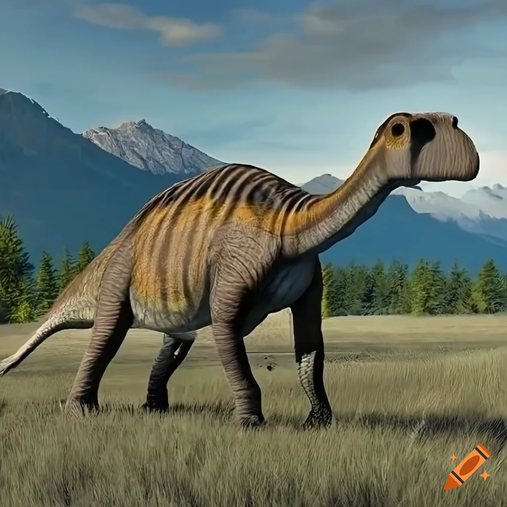 Scientifically accurate Hadrosaurus dinosaur with Bongo antelope color pattern and elephant-like skin texture