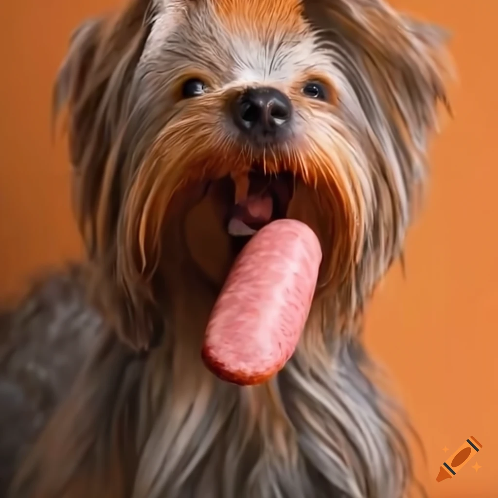 Yorkshire terrier with a sausage in its mouth on Craiyon