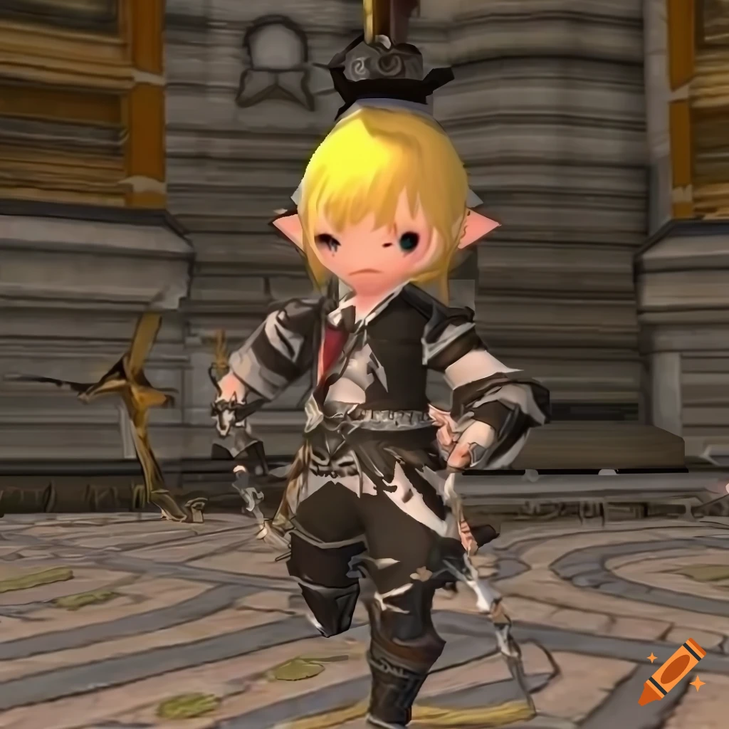 Male Lalafell character from Final Fantasy XIV with yellow hair and bow