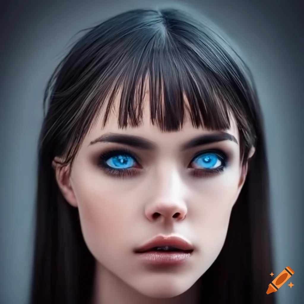 Beautiful young woman with dark hair and blue eyes on Craiyon