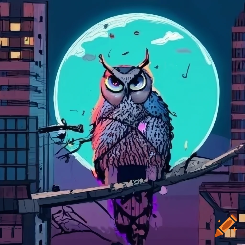 Blue cyberpunk owl flying in the city hunting rats in tim doyle style ...