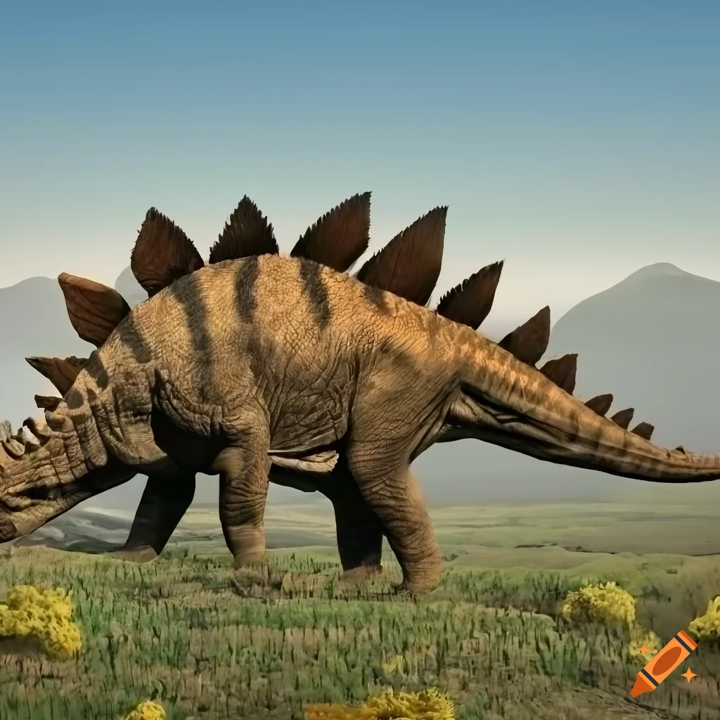 Striped stegosaurus with elephant-like skin texture in British Columbia