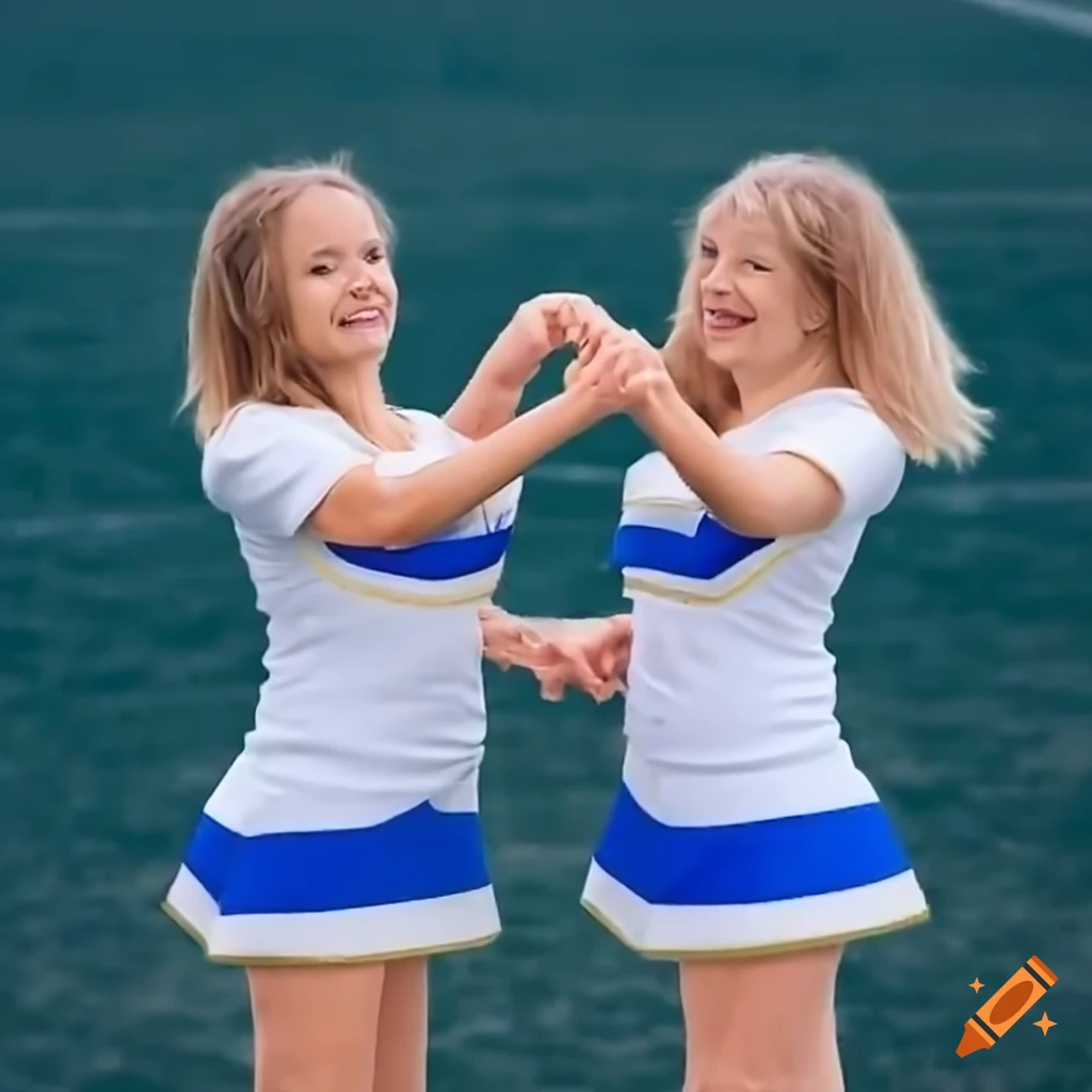 Two cheerleaders in blue and white uniforms forming a heart shape on a football field