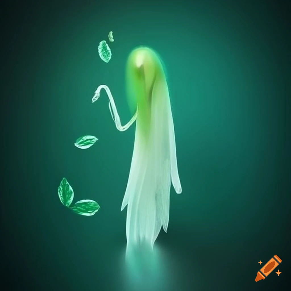 Ethereal green ghost made of leaves and floating branches on Craiyon