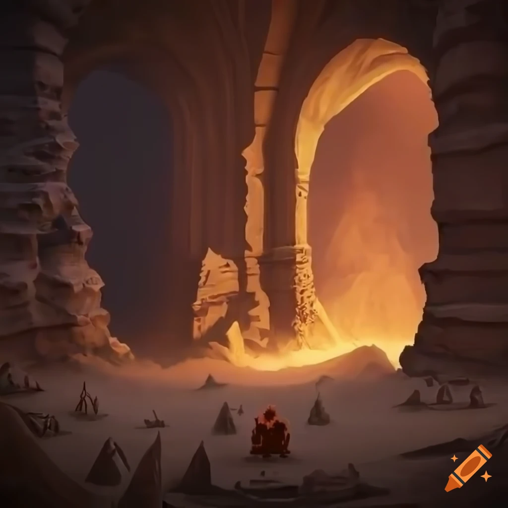 Detailed sandstone dungeon with sand and dust in a fantasy diablo3 style