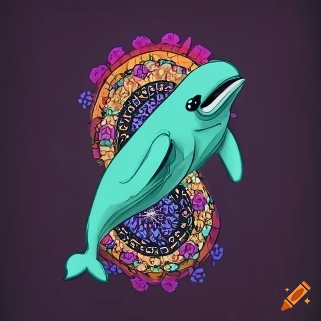 Logo on t-shirt with beluga whale swimming around psilocybe mushrooms