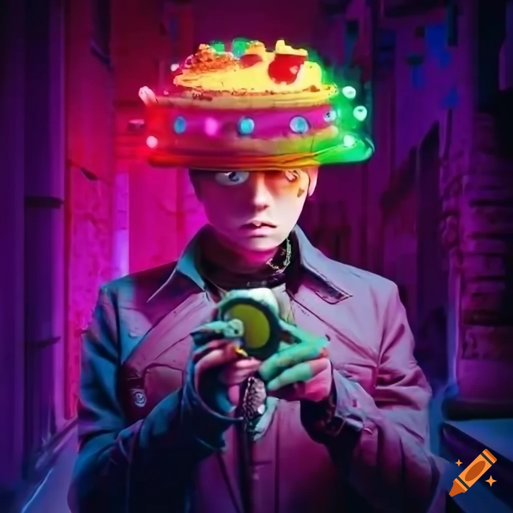 Young adult detective inspector pastel in cyberpunk style with a cake