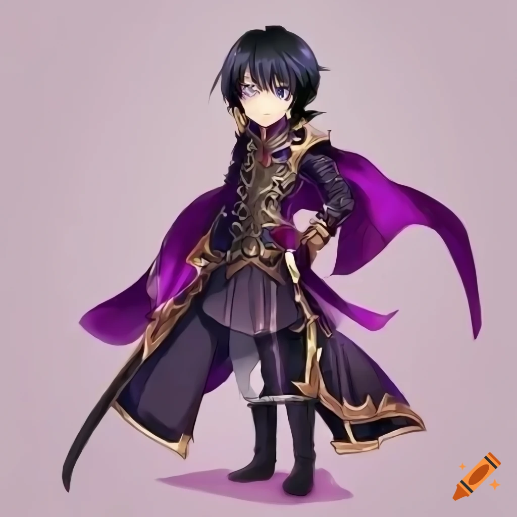 Adorable wizard anime character with black hair and a big sword in fighting pose