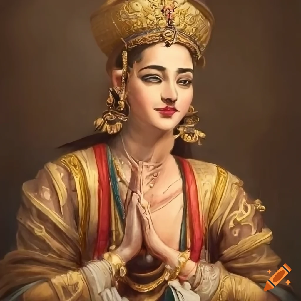 Majestic depiction of a god in traditional costume holding a bow and arrow