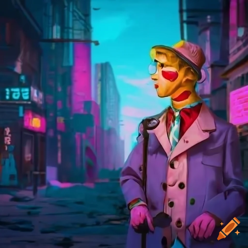 Inspector Pastel, a young detective with a cake-shaped head, in a cyberpunk street alley