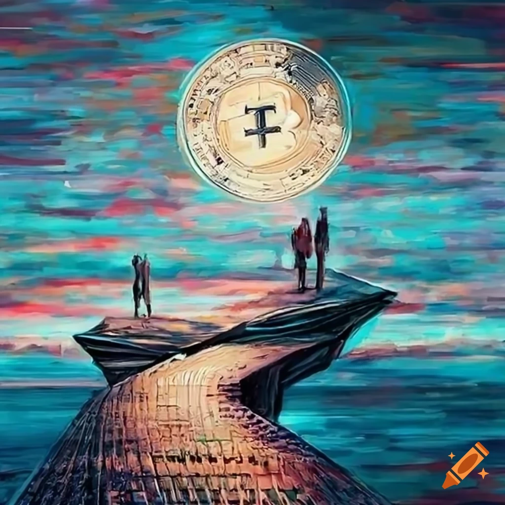 Arte impressionista de um passadiço com quadros de criptomoedas