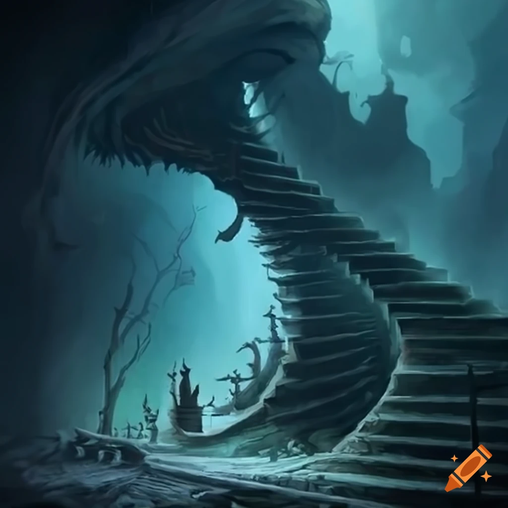 Spiraling stairway into the abyss in a fantasy setting