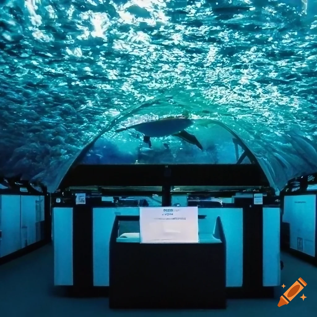 Voting booths in an underwater Walmart with ocean blue surroundings