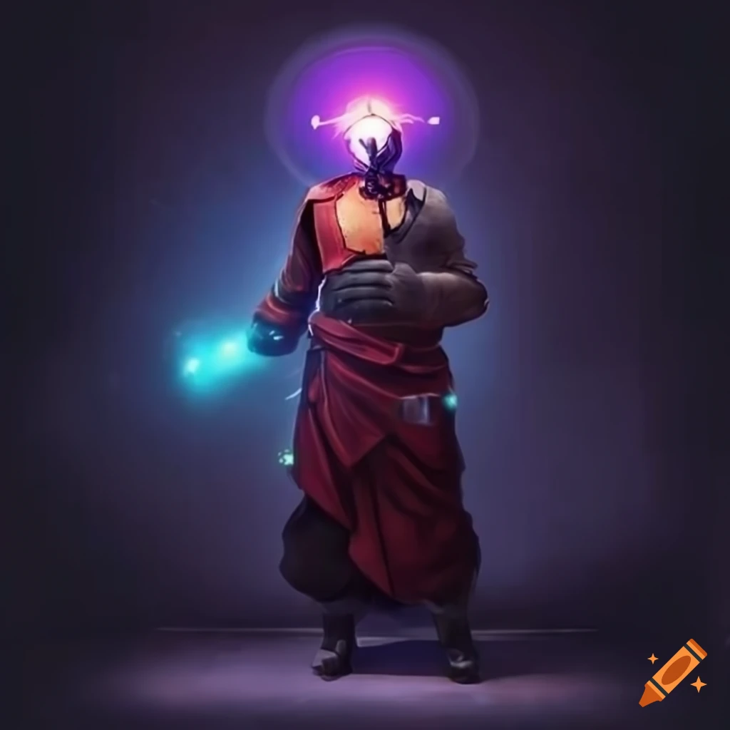 Cyberpunk sci-fi monk with glowing eyes and nimbus light