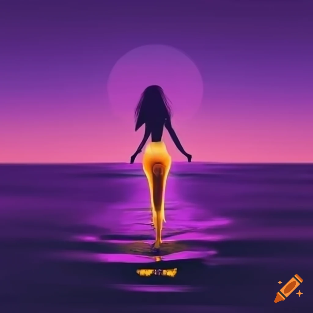 Woman steering a boat towards the horizon in a mysterious and enchanting land of gold and violet