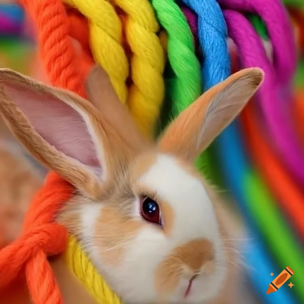 Fluffy bunny playing with colorful ropes