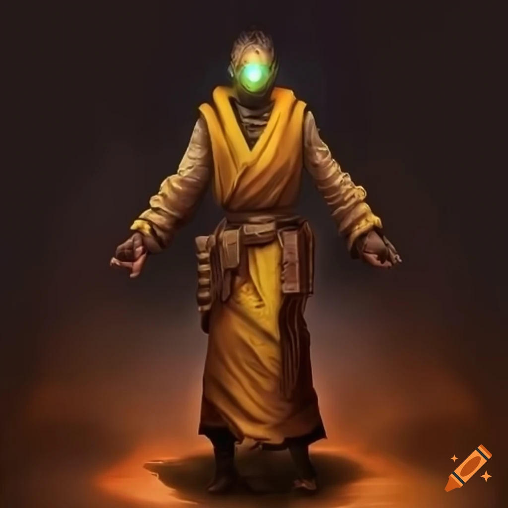 Sci-fi monk with glowing eyes and halo