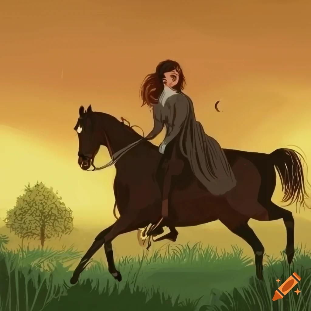 Jane Eyre riding a horse on a grass path with a fallen man, illustration
