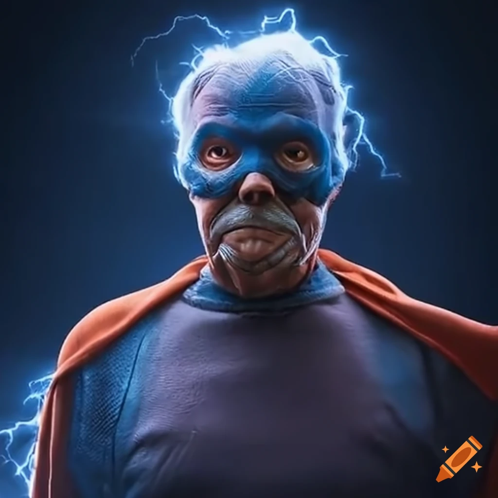Elderly superhero with mask and lightning from fingertips on Craiyon